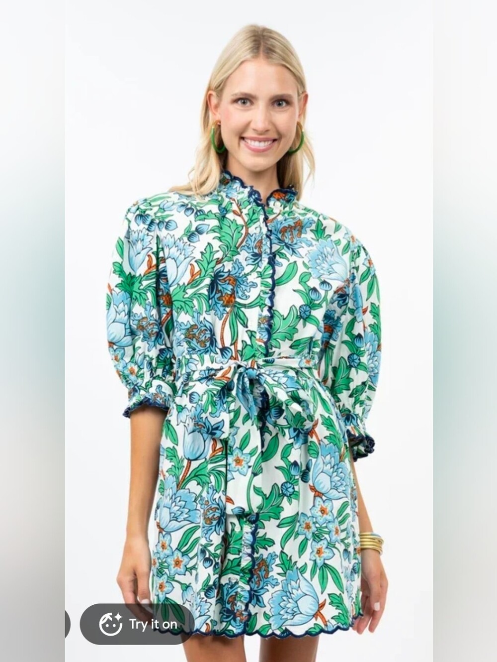 Uncle Frank Women's Scallop front floral tie puff sleeves dress S Pockets
